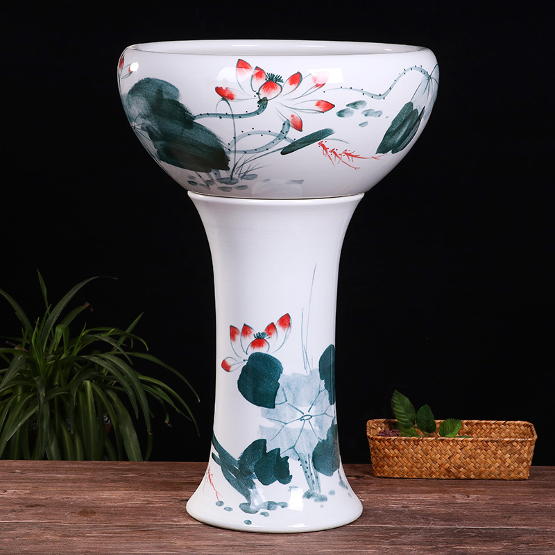 陶瓷落地立柱式鱼缸碗莲睡莲盆大号养鱼盆乌龟荷花缸家用造景摆件 - 图2