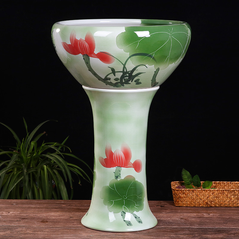 陶瓷落地立柱式鱼缸碗莲睡莲盆大号养鱼盆乌龟荷花缸家用造景摆件 - 图0