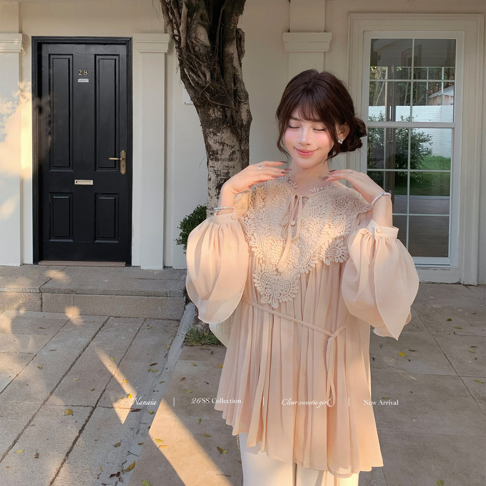 甜水仙 早樱子 复古优雅立体钩花蕾丝拼接雪纺衫春季新款宽松上衣,淘宝优惠券,粉丝福利购,淘宝优惠卷