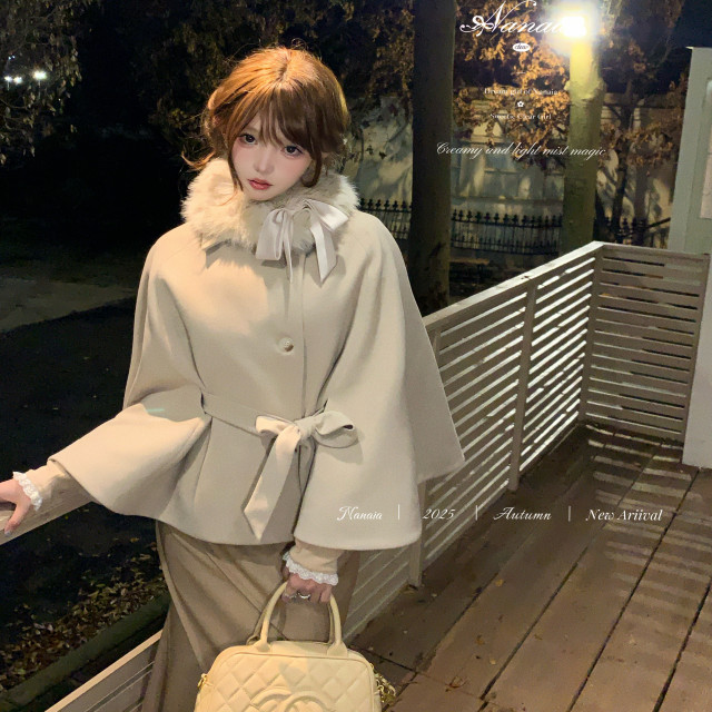 Sweet Narcissus Kyoto Showa Dream Small Fragrant Style Bow Fur Collar Cloak Woolen Coat Women's High-Quality Temperament