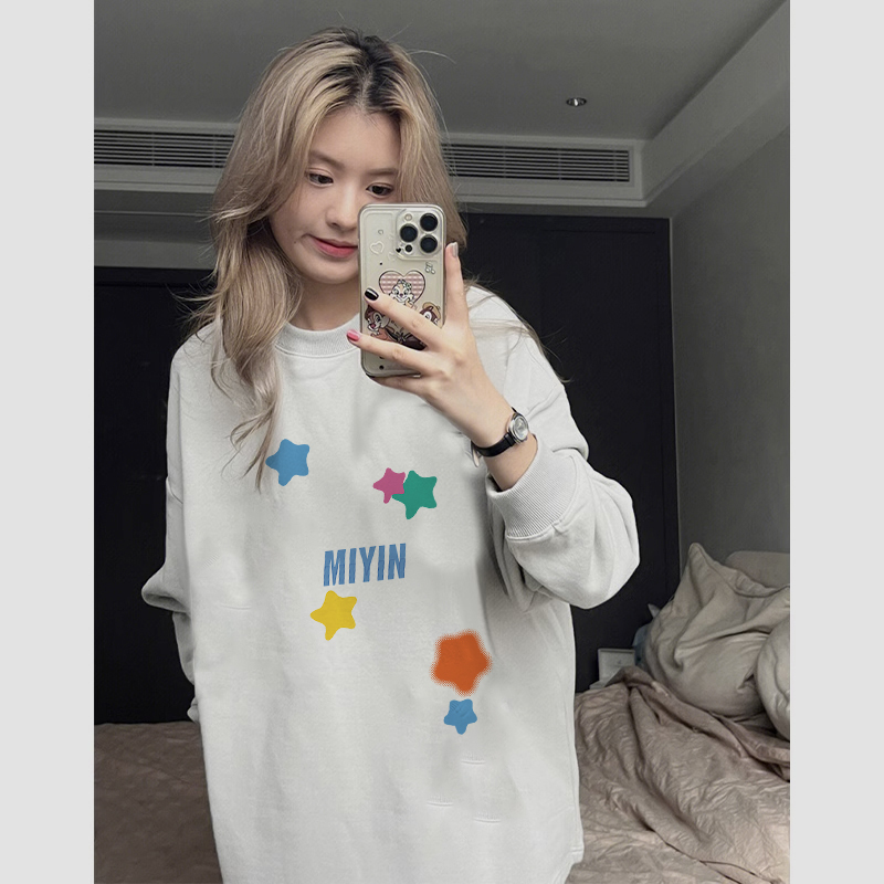 拍三件慵懒风chic艺术生圆领情侣卫衣