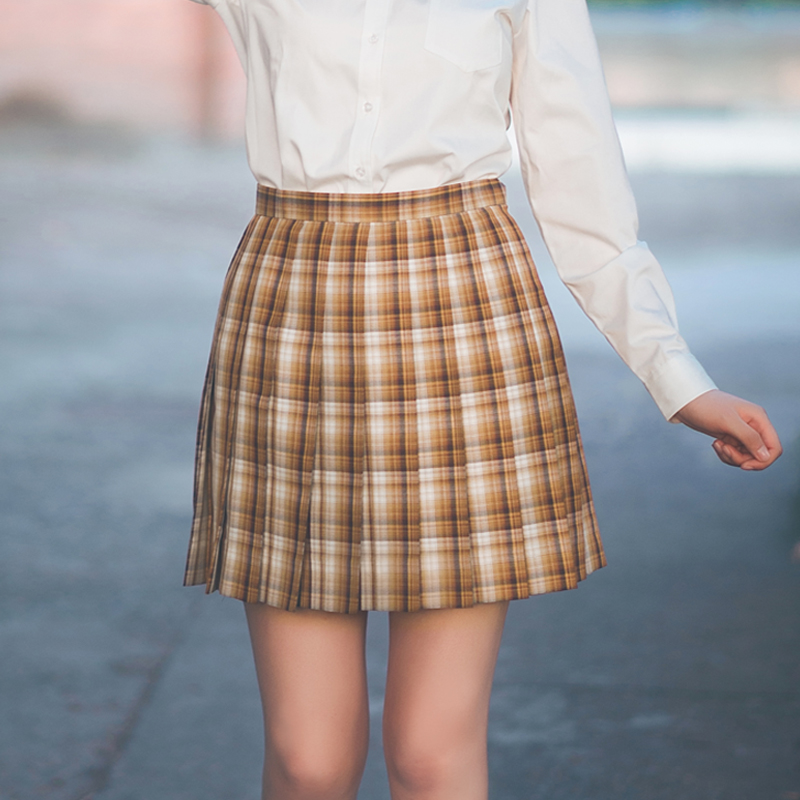 彩虹研究所秋芝原创JK制服裙百褶裙日系正统学生深黄色秋冬格子裙 - 图0