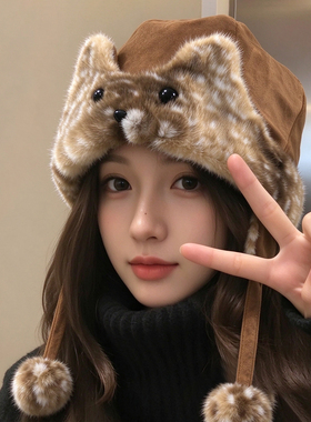 韩系猫耳毛绒保暖护耳雷锋帽女