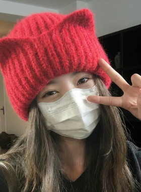 秋冬韩版猫耳显脸小针织帽女保暖