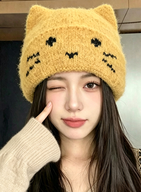 秋冬女猫耳保暖毛线帽显脸小