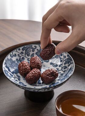 中式陶瓷水果盘青花高足茶点盘家用客厅下午茶点心盘零食碟子供盘