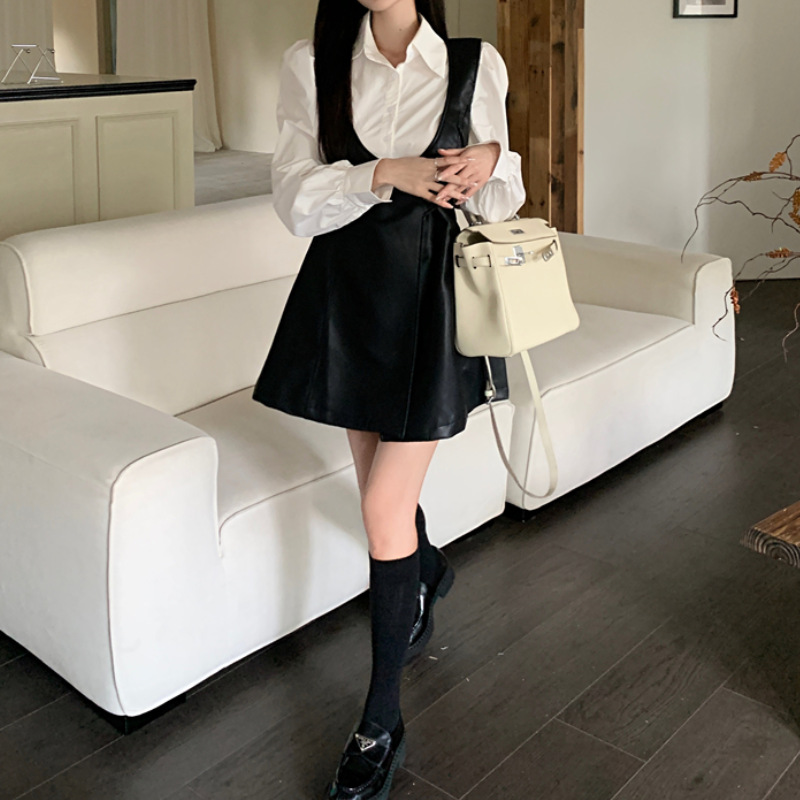 高级感皮裙背心连衣裙+纯色衬衫女2025年春秋季新款韩版时尚套装 - 图1