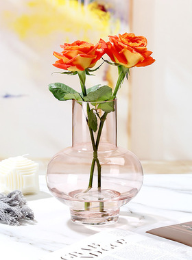 现代简约风粉色磨砂透明大肚玻璃花瓶水培插花家居饰品创意摆件