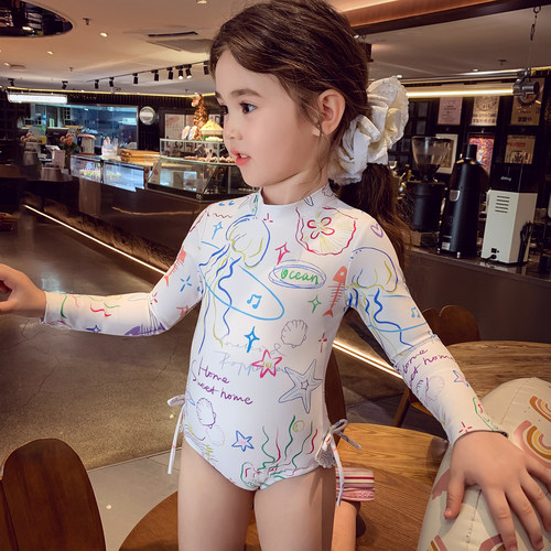 女童泳衣女孩连体三角高级感游泳衣夏季2025新款儿童长袖速干泳装 - 图2