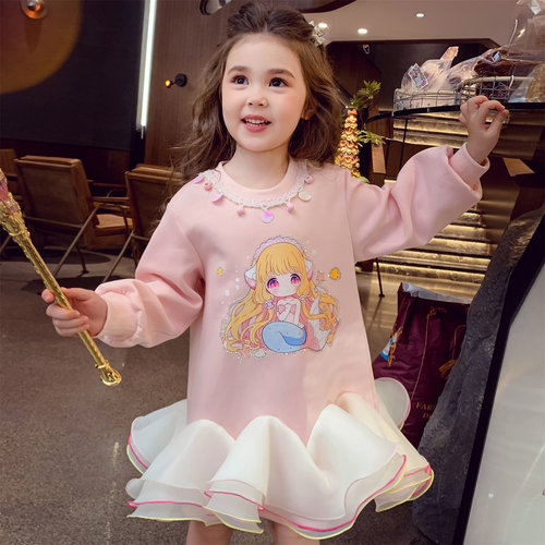 女童连衣裙秋装2025新款洋气儿童长袖拼接网纱卫衣裙小女孩公主裙 - 图2