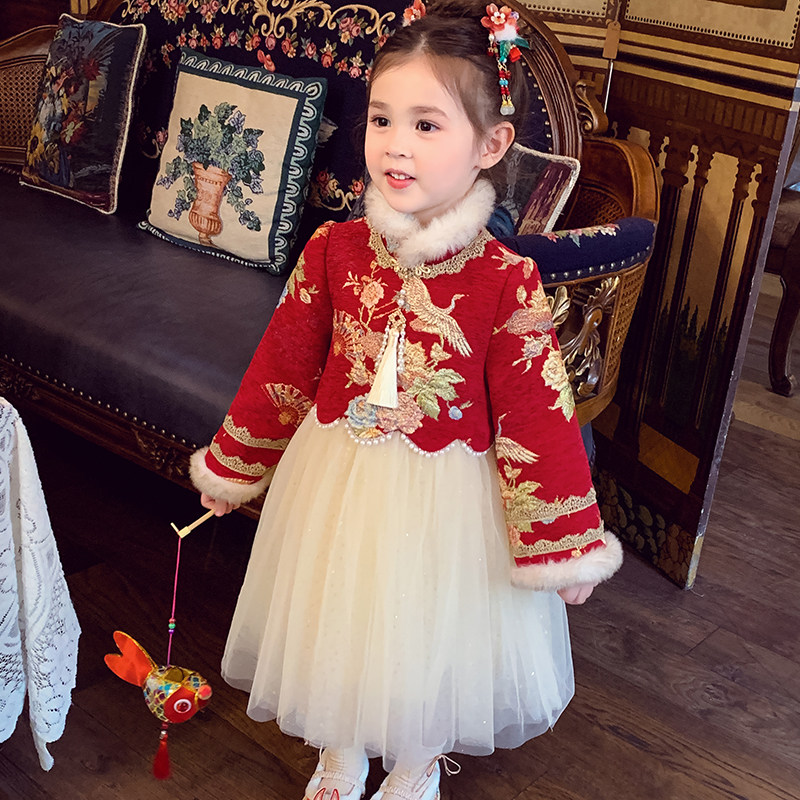 女童中国风加绒连衣裙女孩汉服拜年服冬装2025新款儿童网纱公主裙,淘宝优惠券,粉丝福利购,淘宝优惠卷