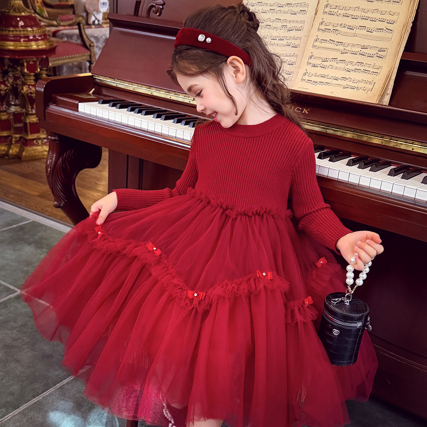 米米哈罗女童连衣裙冬装2025新款儿童法式网纱公主裙洋气毛衣裙子,淘宝优惠券,粉丝福利购,淘宝优惠卷