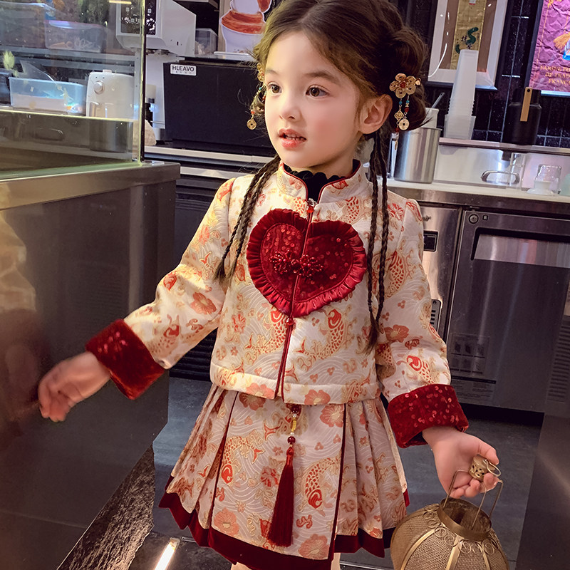 女童拜年服冬装2025新款洋气儿童唐装夹棉外套半身裙女孩新年战袍,淘宝优惠券,粉丝福利购,淘宝优惠卷