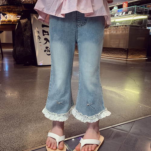 女童牛仔裤夏装2025新款时尚儿童高腰显瘦九分裤小女孩弹力喇叭裤 - 图2