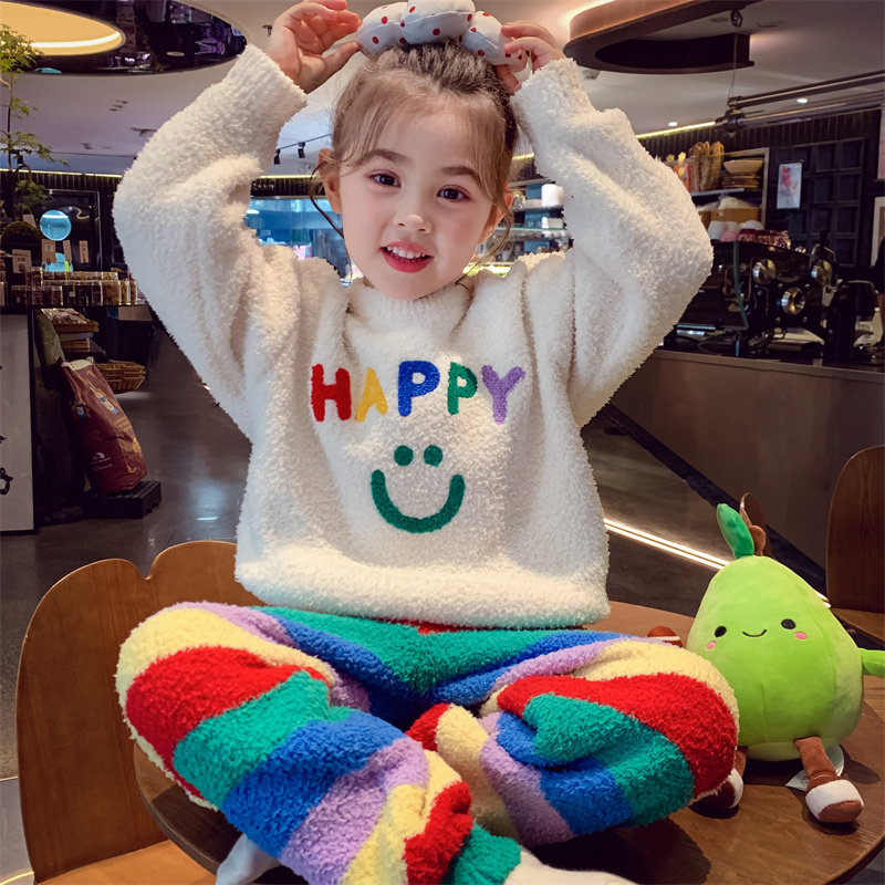 米米哈罗女童家居服套装冬装2025新款儿童半边绒保暖长袖睡衣睡裤,淘宝优惠券,粉丝福利购,淘宝优惠卷