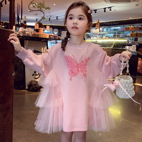 米米哈罗女童连衣裙秋装2025新款儿童卫衣裙小女孩拼接网纱公主裙