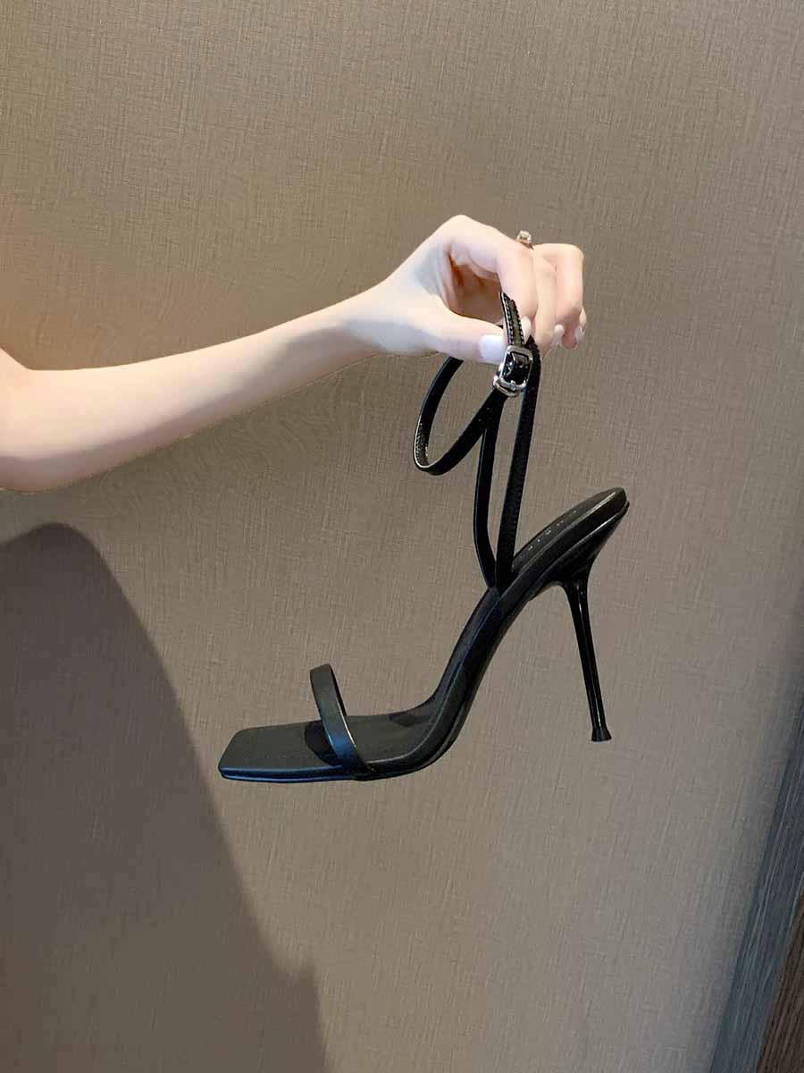 法式黑色高跟鞋女2023年新款名媛一字带气质性感床上单鞋细跟凉鞋