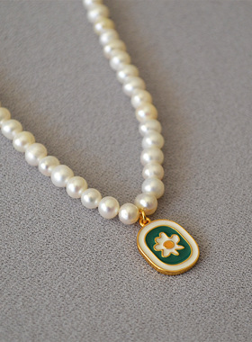 欧美新款复古手工珐琅珍珠锁骨链