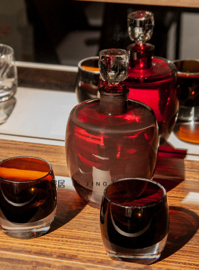 晶晶高级感红色水晶酒具一壶2杯套装 现代艺术厚底手工玻璃酒壶