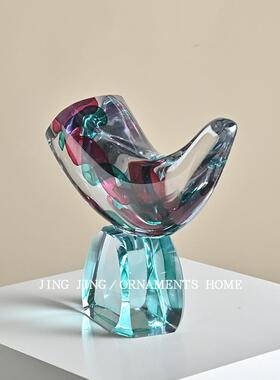 极简艺术透明水晶牛角形摆件别墅入户玄关桌电视柜摆台琉璃大摆件