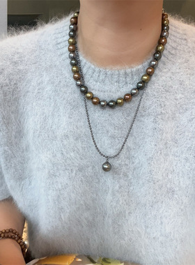 媛优 秋冬复古深咖色可可糖美拉德施家珍珠混彩法式轻奢渐变项链