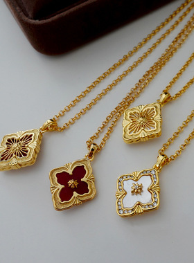 红色四叶草花朵吊坠项链过年高级轻奢锁骨链新年喜庆宫廷风毛衣链