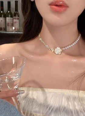 山茶之恋~法式复古山茶花珍珠项链女款轻奢小众设计感锁骨链颈链