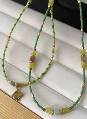 绿色天然石榴石项链新中式国潮高级感颈链复古风简约百搭锁骨链女