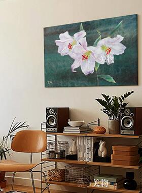 百合花手绘油画中古风白色花卉客厅沙发背景墙挂画艺术床头装饰画