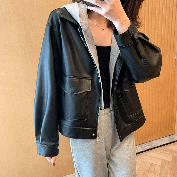 黑色皮衣外套女2025新款酷飒风连帽宽松休闲短款机车外套PU皮夹克,淘宝优惠券,粉丝福利购,淘宝优惠卷