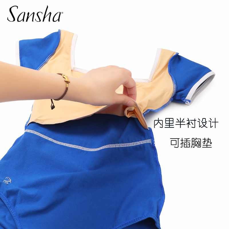 Sansha芭蕾舞服 女 方领高胯短袖练功连体服体操服基训艺考形体服 - 图2