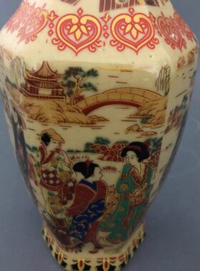 景德镇仿古陶瓷乾隆粉彩仕女图六角花瓶家居装饰展柜博古架摆件