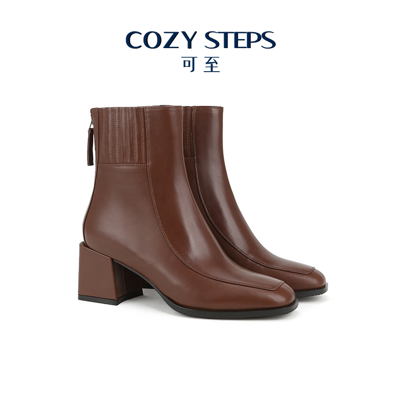 COZY STEPS可至经典百搭切尔西靴 方头中粗跟拉链中筒真皮女靴