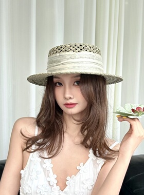 轻奢高级感海草丝麻草帽蝴蝶兰帽