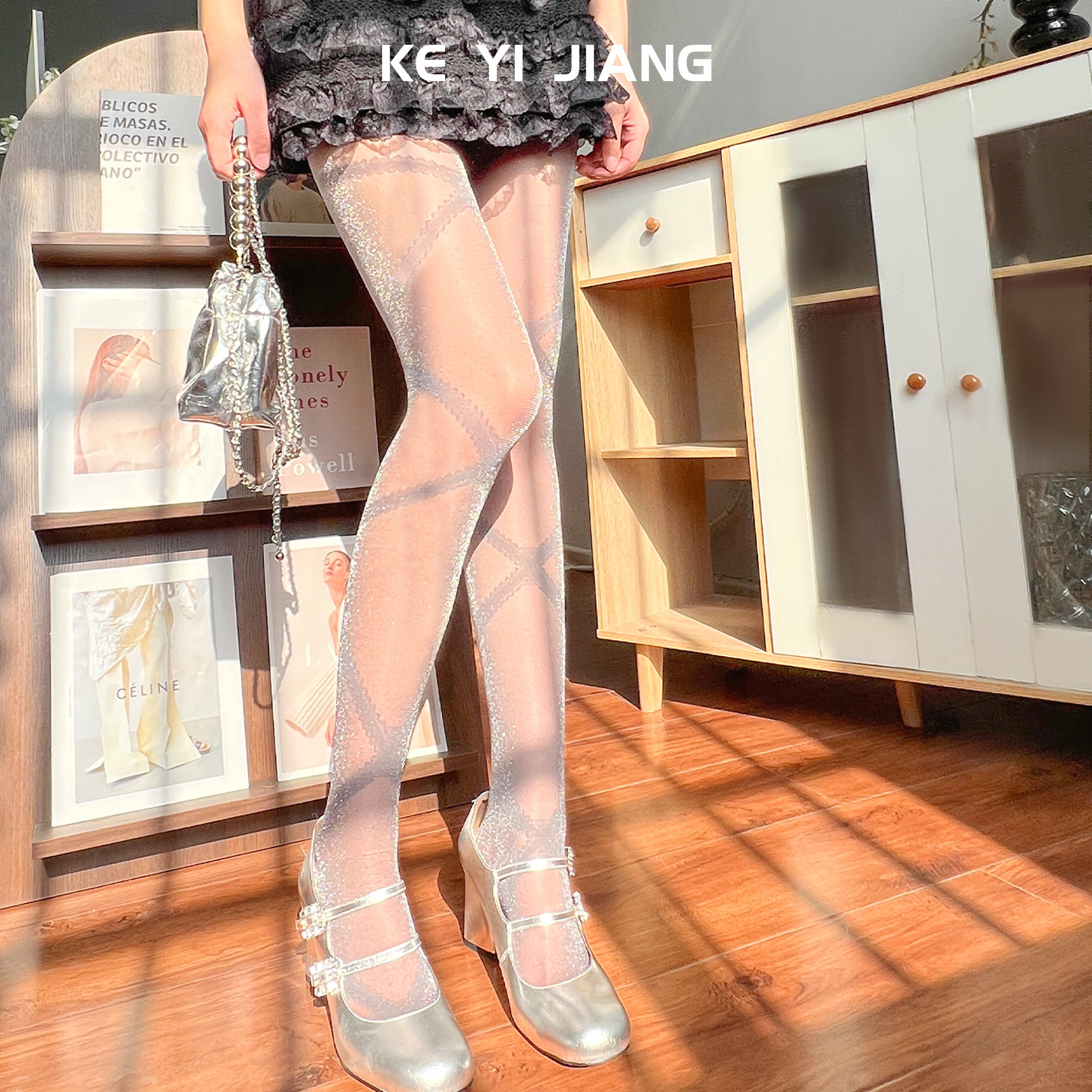 可衣酱亮闪绑带袜黑丝袜女薄款花纹交叉菱格绑带设计感不掉裆黑丝,淘宝优惠券,粉丝福利购,淘宝优惠卷