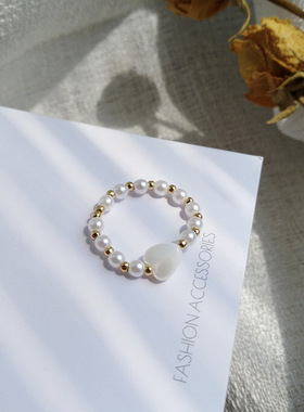 戒指韩版珍珠时尚弹力绳戒指简约爱心桃心形指环小众优雅气质