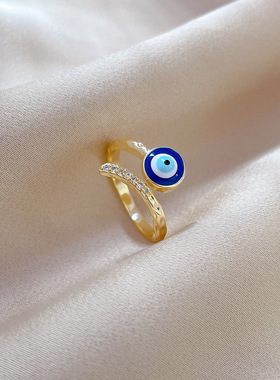 跨境热销欧美个性邪恶之眼戒指星星月亮蓝眼睛镶钻开口可调节