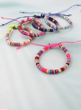 跨境新款民族风手链彩色棉绳手工编织手绳不规则几何花朵图案手链