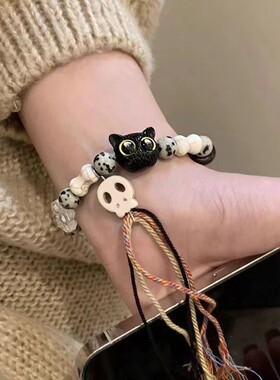 红书爆款手工编织猫咪手链复古可爱大眼串珠猫冷淡风小众手绳