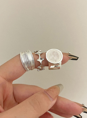 韩国新款复古亚银色星星多层线条叠戴戒指女冷淡风轻奢开口指环