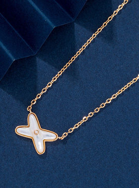 纯银925尚美18k玫瑰金色交叉白贝母项链女轻奢小众简约吊坠锁骨链