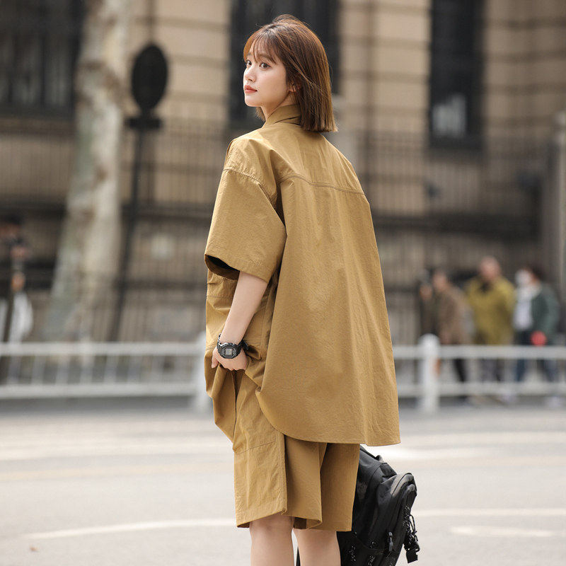 夏季新款美式痞帅宽松工装休闲套装男女发型师潮牌衬衫短裤两件套,淘宝优惠券,粉丝福利购,淘宝优惠卷