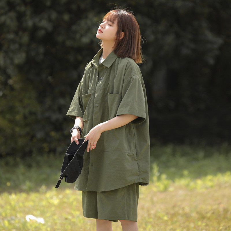 夏季新款美式痞帅宽松工装休闲套装男女发型师潮牌衬衫短裤两件套,淘宝优惠券,粉丝福利购,淘宝优惠卷