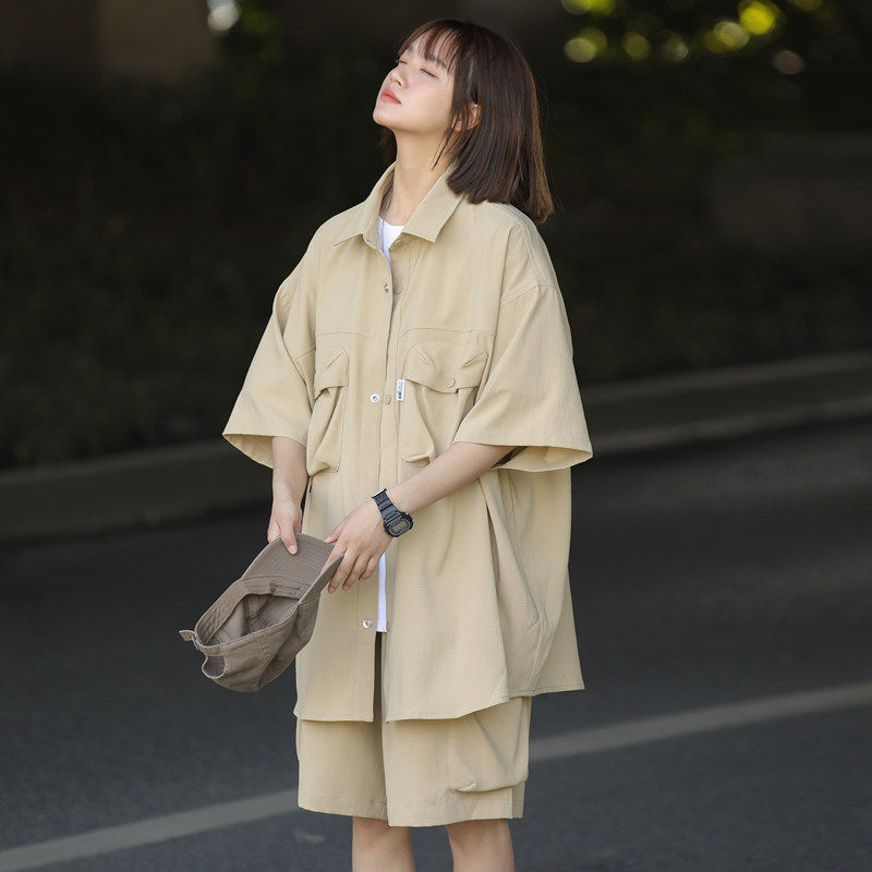 夏季新款美式痞帅宽松工装休闲套装男女发型师潮牌衬衫短裤两件套,淘宝优惠券,粉丝福利购,淘宝优惠卷