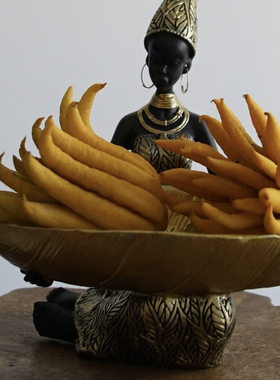 黑人女人佛手托盘水果盘树脂家居果盘摆件泰式风格桌面收纳装饰品