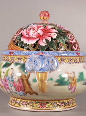 大清乾隆珐琅彩婴戏图象耳香薰古董古玩收藏品包老老货瓷器