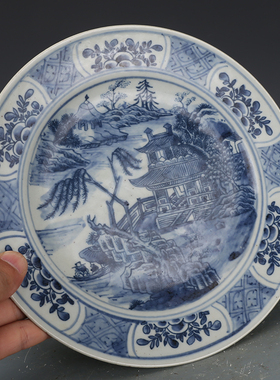 大清青花山水人家纹真品古董古玩