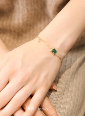 复古18K金方形祖母绿宝石手链