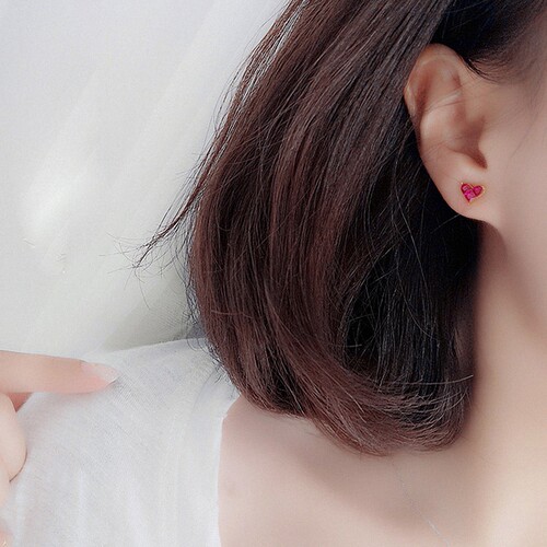 《神秘的心》18K金爱心红宝石耳钉 女纯银桃心形耳环圣诞礼物新年 - 图1