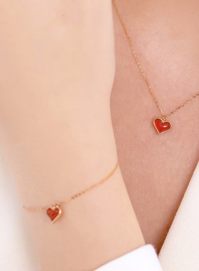 18K金小红心项链女纯银镀玫瑰金